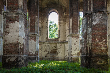 Fototapeta na wymiar Velyki Mosty, Ukraine - july, 2021: the ruins of Synagogue in Velyki Mosty. 