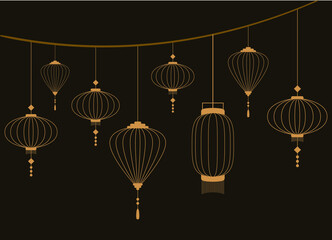 Vector illustration of golden line lanterns with dark background. Gold represents the lunar new year's rolling in wealth.
