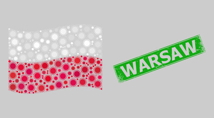 Scratched Warsaw and mosaic waving Poland flag designed with sun items. Green badge contains Warsaw caption inside rectangle. Vector sunny mosaic waving Poland flag done for feast propaganda.