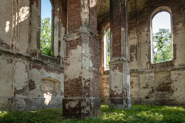 Fototapeta premium Velyki Mosty, Ukraine - july, 2021: the ruins of Synagogue in Velyki Mosty. 