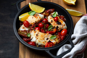 codfish with tomato sauce in a iron pan