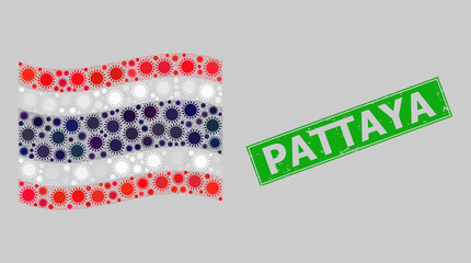 Distress Pattaya and mosaic waving Thailand flag created with sun items. Green stamp has Pattaya tag inside rectangle. Vector sunny mosaic waving Thailand flag organized for decoration posters.