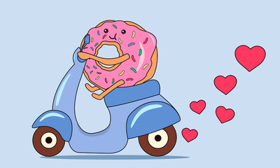 Creative  concept food delivery shipping vector illustration donut riding old retro vintage scooter bike with love hearts