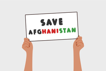 Save Afghanistan banner in woman hands. War and violence protest symbol. Vector flat illustration