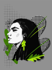 Young beautiful stylish girl in light green leaves. Abstract minimalistic sketch profile face. Autumn, leaf fall, berries, branches. Great for postcard, textiles, stickers, icon, avatar. ​Vector. - 453620382