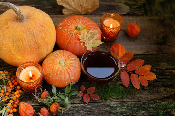 pumpkins, autumn leaves, tea cup and candles on wooden table background. autumn cozy still life. symbol of fall season, harvest, halloween, mabon sabbat