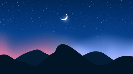 Landscape of mountains, bright crescent and starry night sky. Vector background.
