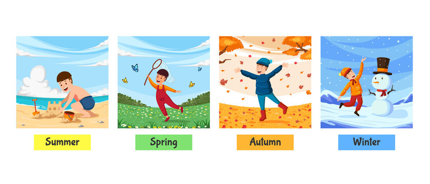Illustration of four season of boy, autumn fall winter summer spring  activity. cute boy playing in different season happy joy illustration  concept Stock Vector | Adobe Stock