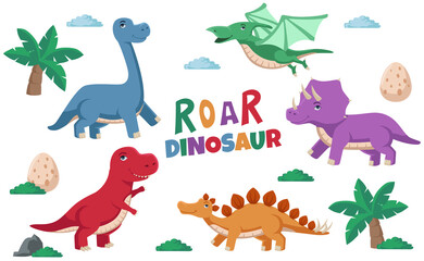 Illustration of cute colorful dinosaur, stegosaurus, tricerator, pterodactyl, tyrannosaurus, brontosaurus for kid children illustration concept © liya