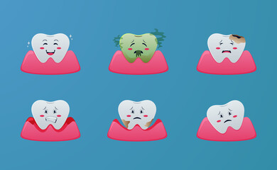 Cute cartoon teeth disease problem, gingivitis, periodontitis, bad breath, calculus, caries, illustration concept with blue background for dentist