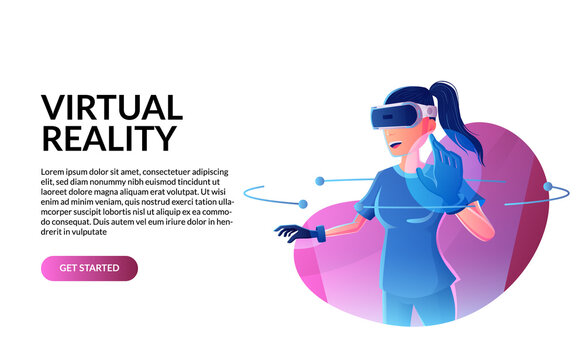 Virtual reality gaming. woman wearing vr headset in abstract line futuristic digital world with glow neon color. Vector illustration