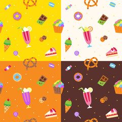 Set of Flat Cute Minimal Dessert Sweet Vector Pattern Design White Yellow Orange Brown Background Editable Stroke. Cartoon Illustration Cloth, Mat, Fabric, Textile, Scarf, Wrapping Paper.
