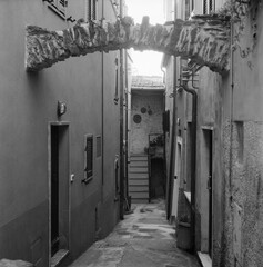 Narrow medieval lanes of Monte Marcello, an old village on the Ligurian coast shot with analogue film technique