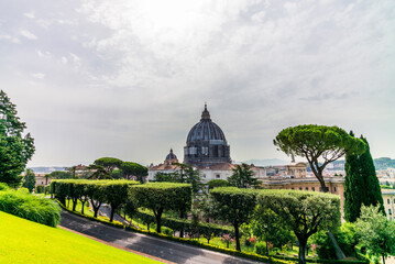 Fototapeta na wymiar View of the dome of Saint Peter's Basilica in Rome seen from a garden