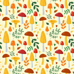 Autumn leaves and mushrooms seamless pattern. Hand drawn in cartoon style mushrooms on ivory background repeat print. Fall nature cute background for textile, fabric, wallpaper, wrapping paper, design