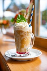 Latte coffee in a tall glass with whipped cream, mint leaf and with raspberry juice on the bottom.