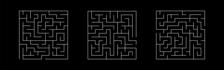 Set Of Vector Mazes. Square Labyrinth Illustration Isolated on Black Background