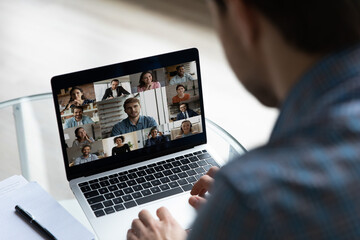 Laptop screen with business group video call head shots. Team meeting on virtual conference, chatting online, discussing work. Students, audience attending teachers webinar, coaching, remote training - obrazy, fototapety, plakaty
