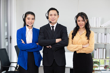 portrait of operator team with formal suit and crossed arms pose at call center service