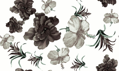 Black Watercolor Design. White Flower Foliage. Gray Seamless Illustration. Pattern Design. Tropical Illustration. Isolated Leaves. Fashion Textile. Botanical Painting.