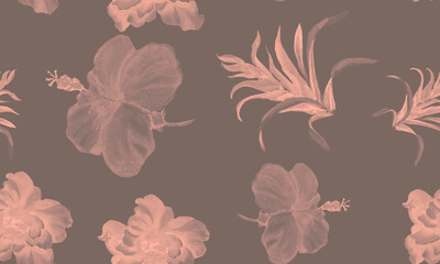 Coral Hibiscus Texture. Fuchsia Flower Textile. Pink Seamless Set. Gray Watercolor Design. Pattern Plant. Tropical Texture. Exotic Leaves. Art Texture.