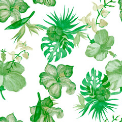 Green Hibiscus Texture. Organic Flower Design. Greenery Seamless Backdrop. Watercolor Plant. Pattern Jungle. Natural Tropical Print. Exotic Backdrop.