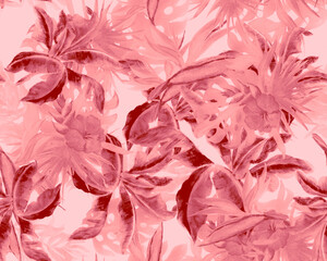 Fuchsia Monstera Garden. Coral Watercolor Design. Pink Banana Leaf Garden. Blur Seamless Design. Pattern Textile. Tropical Print. Vintage Jungle.