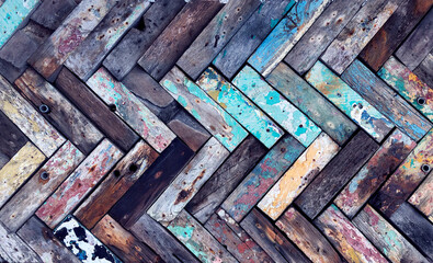 Rustic wooden mosaic texture. Creative wood background. Patterned and textured grunge wall. Natural interior design.