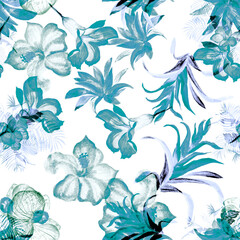 Mint Color Hibiscus Background. Blue Flower Foliage. Watercolor Set. Floral Textile. Seamless Palm. Pattern Set. Tropical Palm. Fashion Painting.