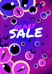 Scary halloween poster. Illustration with floating colourful monster eyeballs with different pupils on a bright background with scary sale text. Template for website, mailing or advertisement.