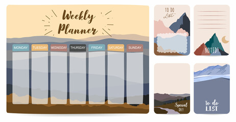 Weekly planner start on Sunday with mountain,sun,to do list that use for vertical digital and printable A4 A5 size - obrazy, fototapety, plakaty