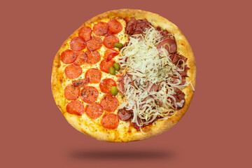 Pizza half calabrian and half peperoni. with neutral background for clipping. With shade.