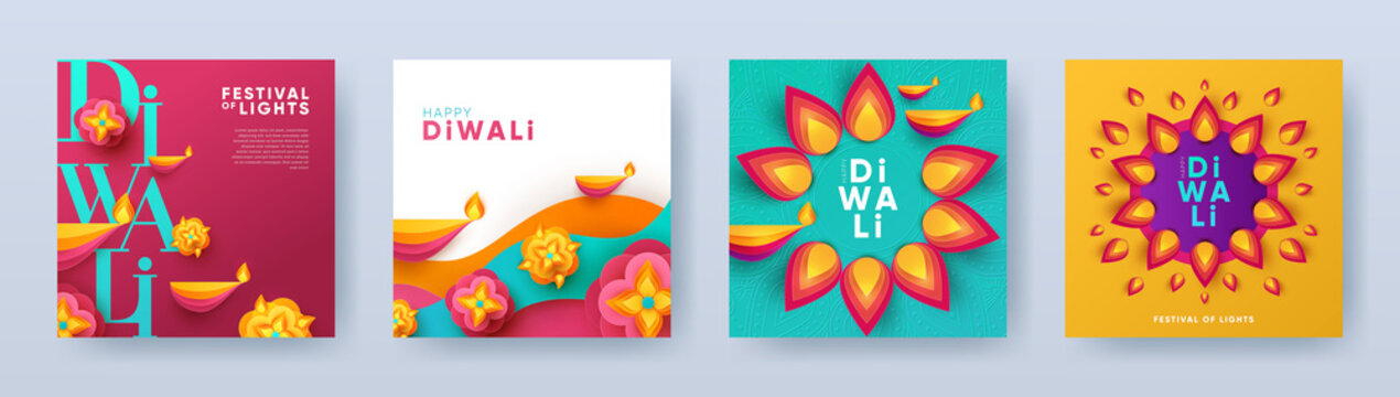 Happy Diwali Hindu festival modern design set in paper cut style with oil lamps on colorful waves and beautiful flowers of lights. Holiday background for branding, card, banner, cover, flyer or poster