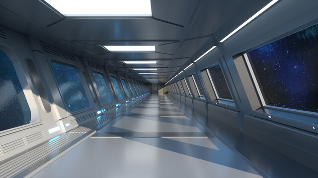 3d render. Futuristic spaceship corridor interior design