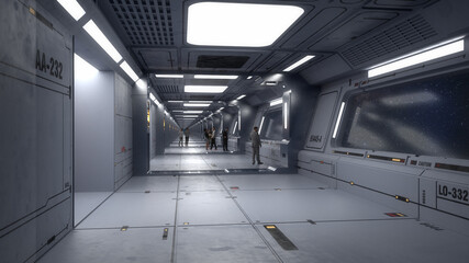 3d render. Futuristic spaceship corridor interior design