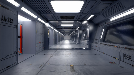 3d render. Futuristic spaceship corridor interior design © Miguel Aguirre