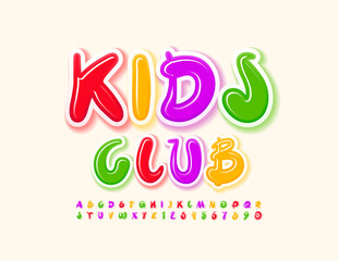 Vector colorful sign Kids Club. Bright handwritten Font. Artistic style Alphabet Letters and Numbers set