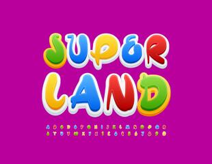 Vector bright template Super Land with handwritten Font. Creative Alphabet Letters and Numbers set