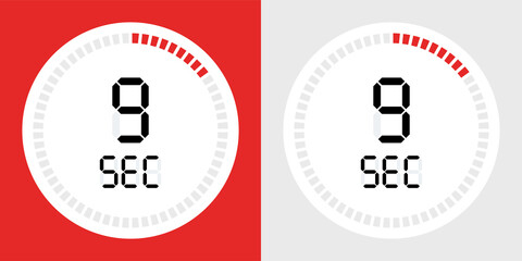 9 seconds counting timer icon. Digital timer symbol