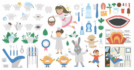 Dental care vector set. Collection with Tooth fairy, smiling toothbrush, teeth, dentist, dental clinic, tools. Big stomatology elements pack for kids. Mouth hygiene icons isolated on white background.