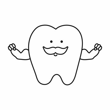 Black and white kawaii strong tooth with muscles. Vector teeth line icon for children design. Funny dental care picture. Dentist baby clinic clipart or coloring page with mouth hygiene concept .