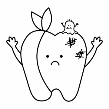 black and white kawaii aching tooth with bandage and microbe. Vector caries teeth with decay line icon. Funny dental care picture. Dentist clipart or coloring page with mouth hygiene concept..