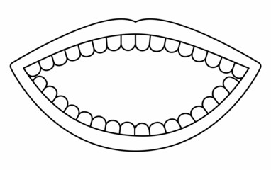 Black and white open mouth with teeth. Outline dental care concept. Lips line icon or coloring page.