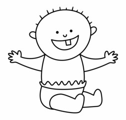 Black and white baby smiling with one tooth. Vector child line icon. Little outline kid in diaper. First teeth concept or coloring page. .
