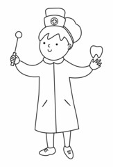 Black and white dentist woman illustration. Cute outline teeth doctor with tooth and mirror. Mouth hygiene line icon for kids. Tooth treatment character or coloring page.