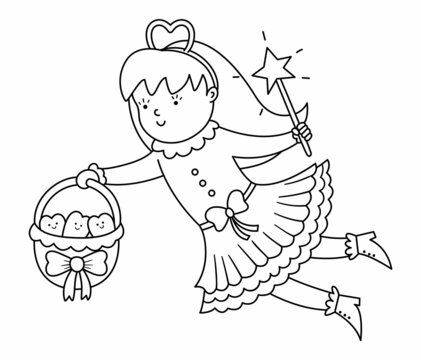 Black and white flying tooth fairy vector icon. Kawaii outline fantasy princess with basket full of smiling teeth. Funny line dental care picture for kids or coloring page. Dentist baby clinic clipart