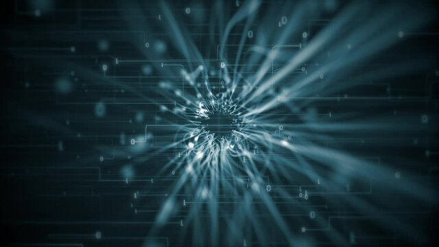 Flowing blue fiber optic light beams and particles with fast moving digital data stream and binary code ones and zeros. This modern technology motion background is a seamless loop.
