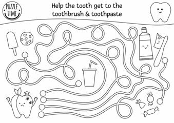 Black and white dental care maze for children. Preschool medical outline activity. Funny puzzle game or coloring page. Help ill tooth get to the toothbrush and toothpaste. Mouth hygiene labyrinth.