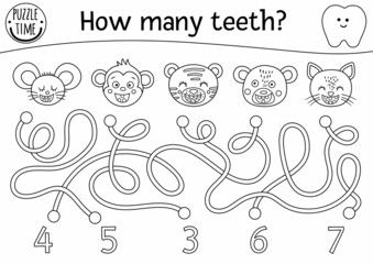 Black and white dental care maze for children. Preschool outline math activity with toothy animals. Funny line puzzle or coloring page. Counting labyrinth for kids. How many teeth.