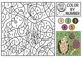 Vector forest color by number activity with hedgehog, butterfly and mushroom. Autumn woodland counting game with cute animal. Funny fall nature coloring page for kids. .